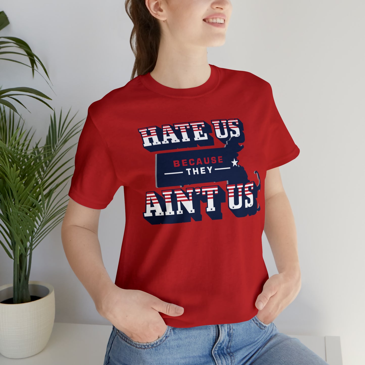 Hate Us Because They Aint Us Patriot Football Unisex Short Sleeve Ringspun Softstyle T-Shirt